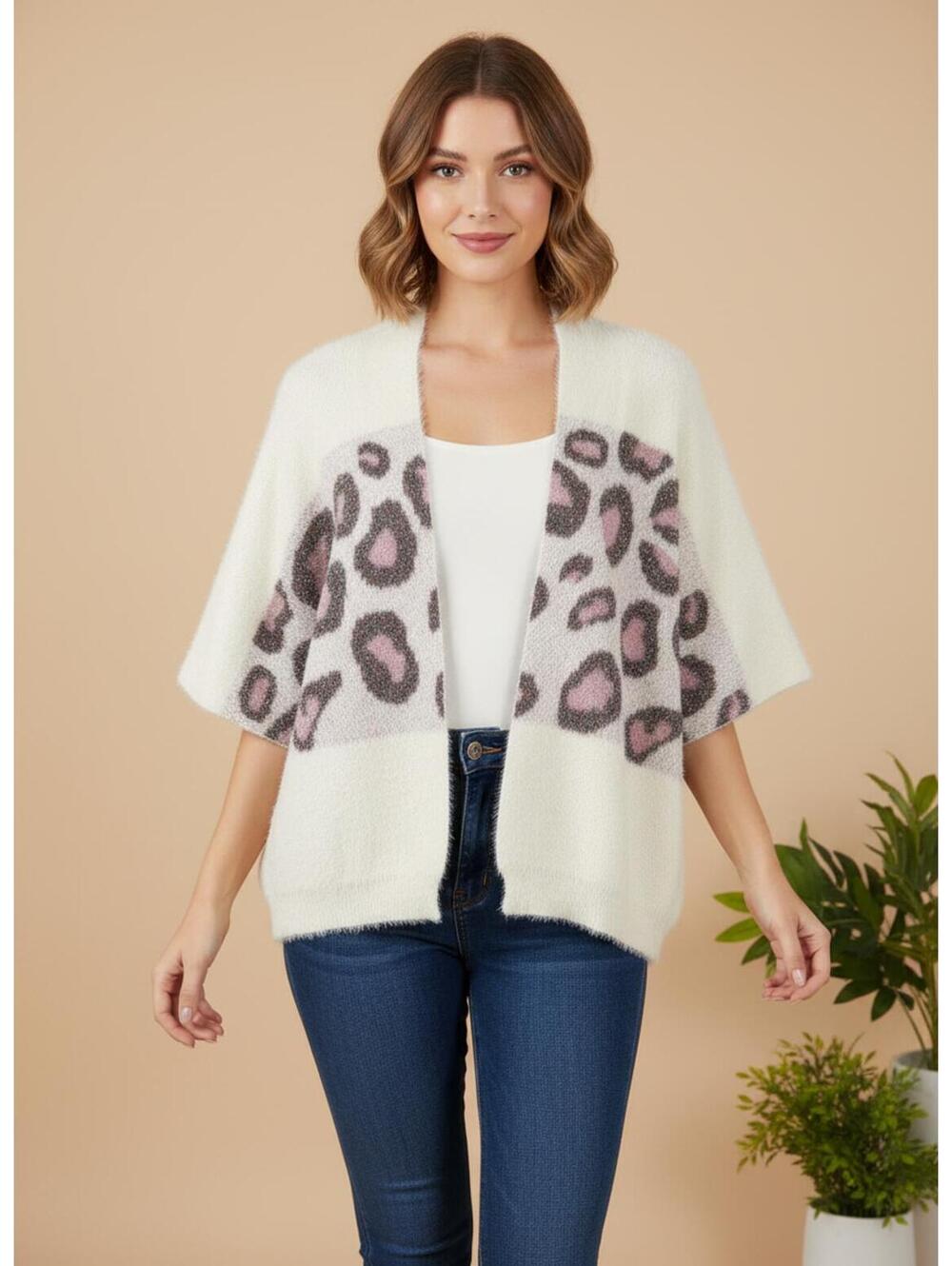 Roffe Ivory and Metallic Leopard Print Wrap Cardigan Sweater One Size Fits Most
